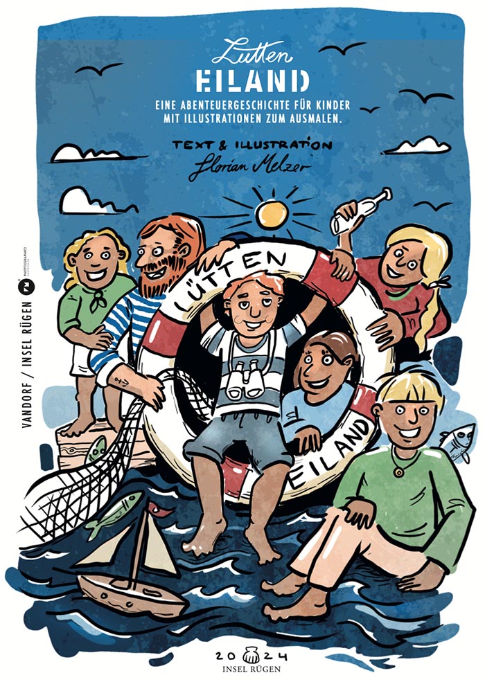 Titelbild des lütten Eiland Geschichten- und Ausmalhefts (DIN A4, 20 Seiten). Kinderbuch zum Puppenhaus.